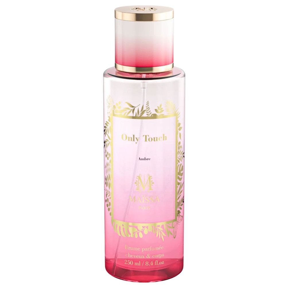 Flacon de parfum rose. Inscription "Only Touch Amber". Ornements et bouchon dorés.
