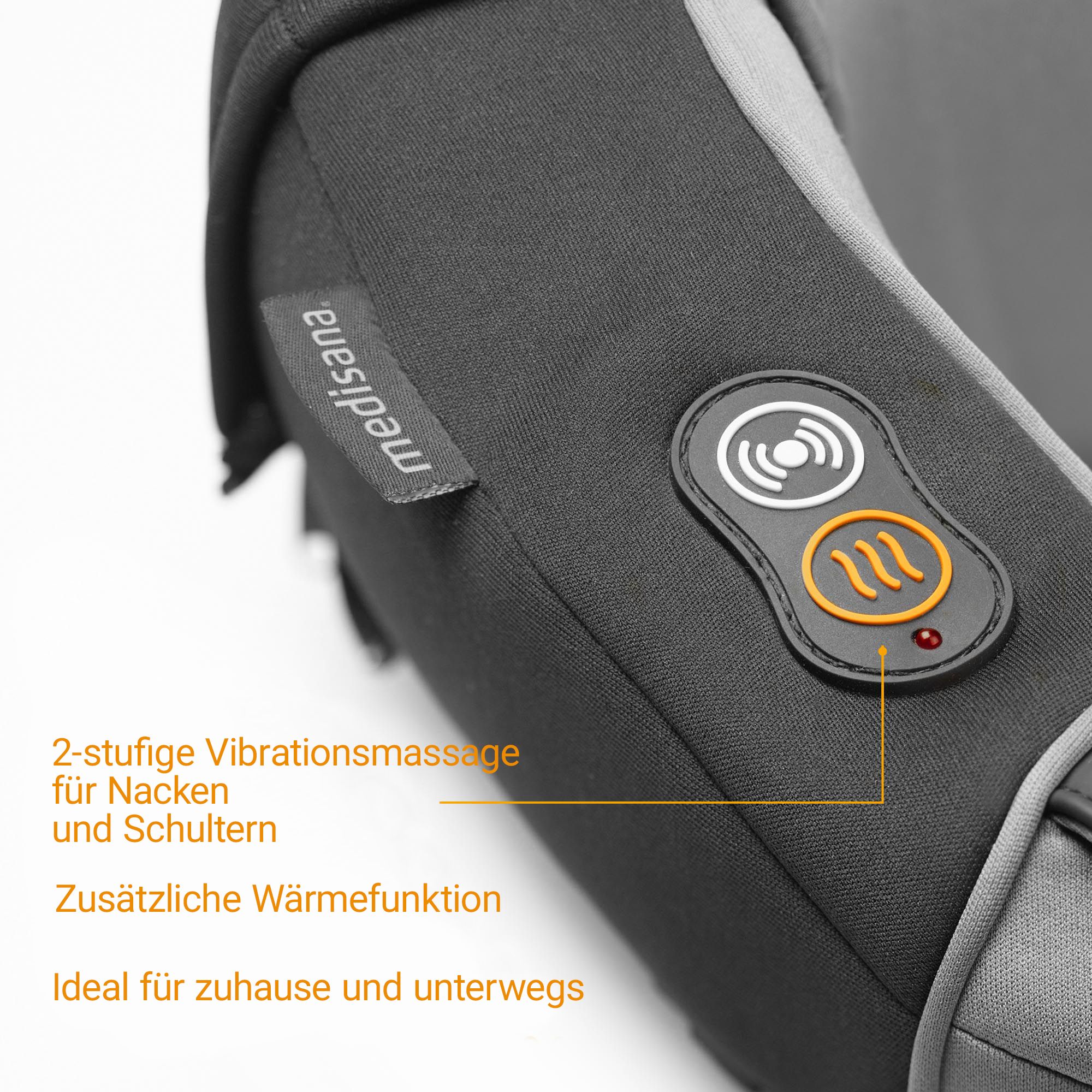 Close-up van de nekmassager met bedieningselementen en labels.