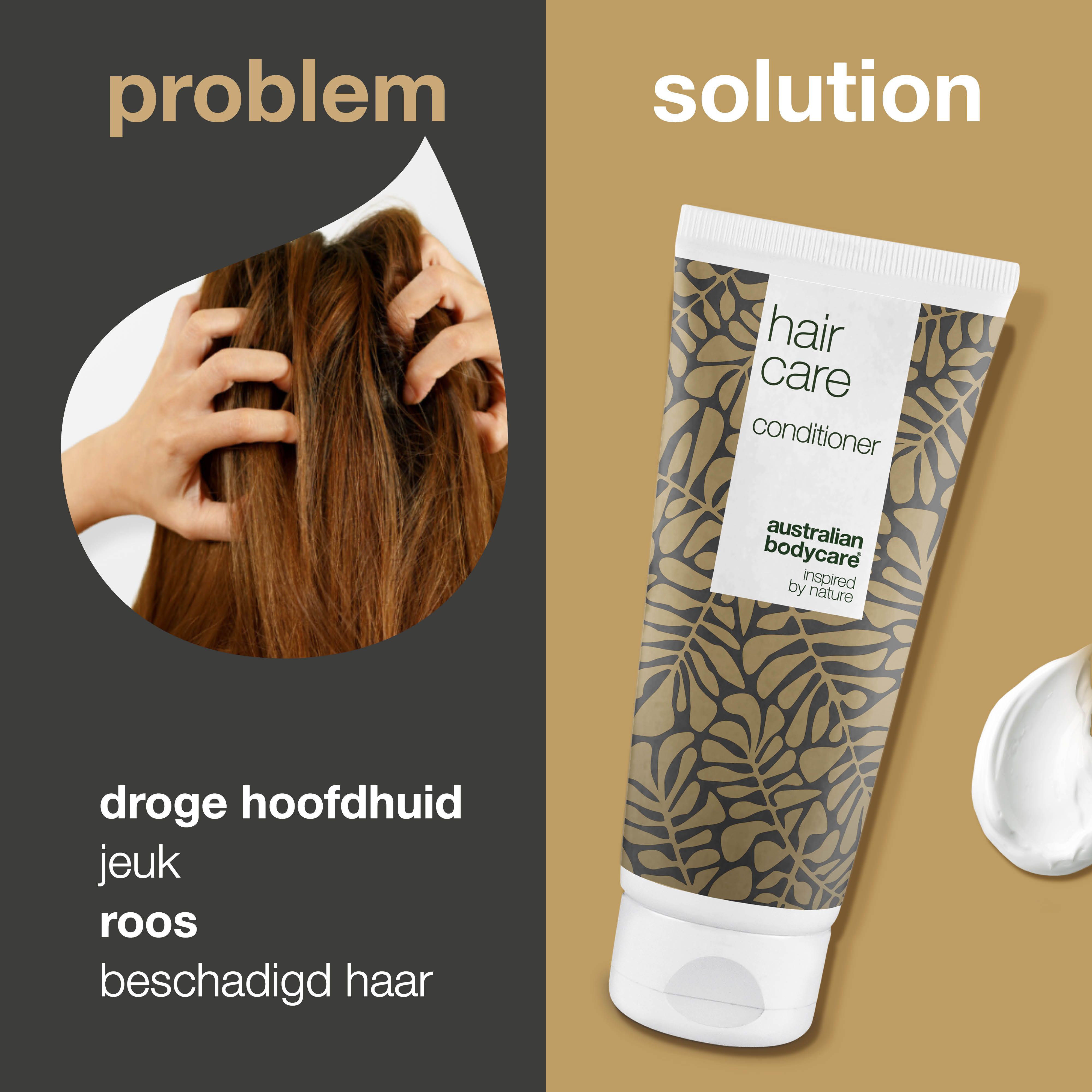 Probleem-oplossing concept. Droge hoofdhuid en een tube haarconditioner. Opschrift: Hair Care, Conditioner, Australian Bodycare.