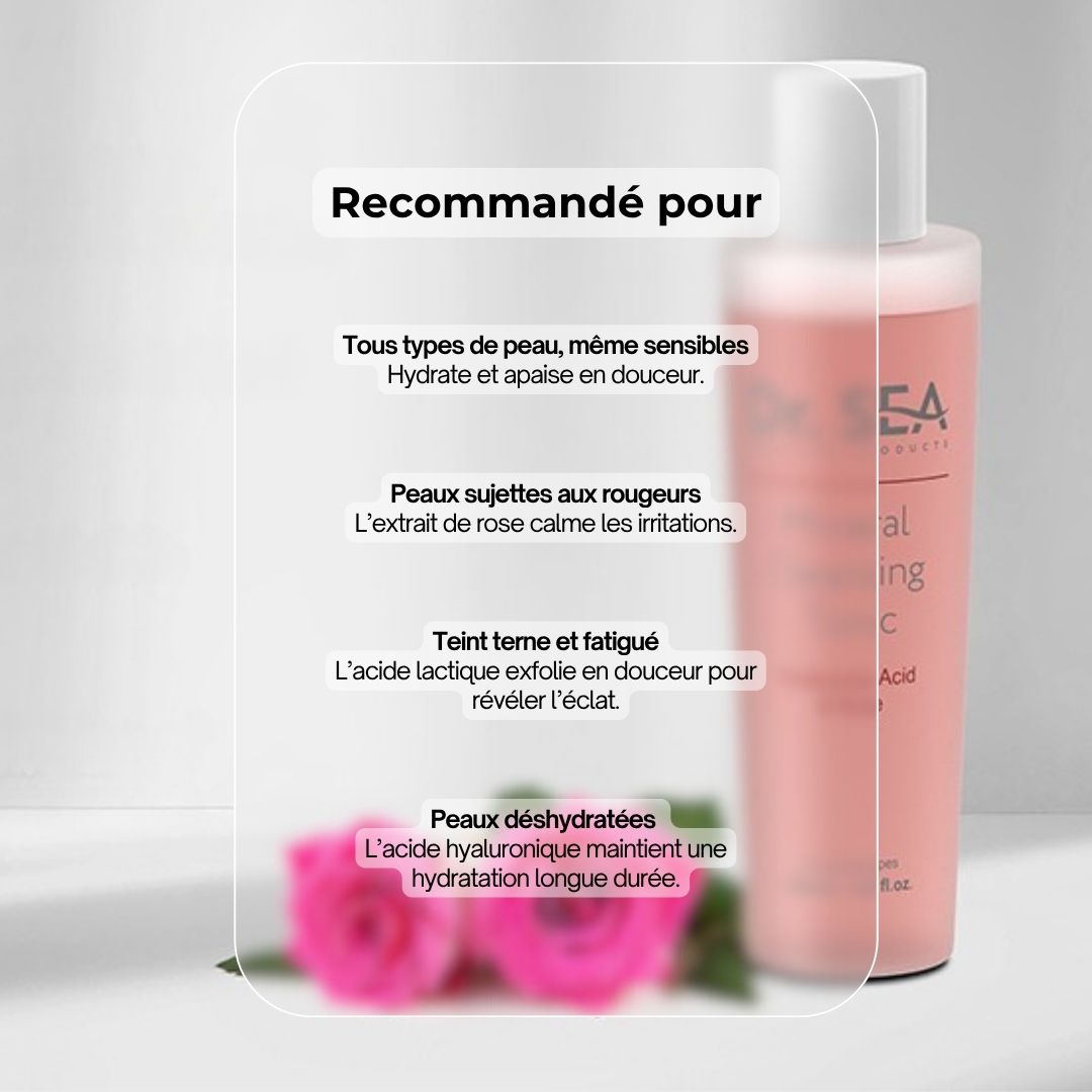 Femme avec outil de soin de la peau. Texte : Exfolie en douceur, unifie le teint, régule le sébum et prévient l'acné.