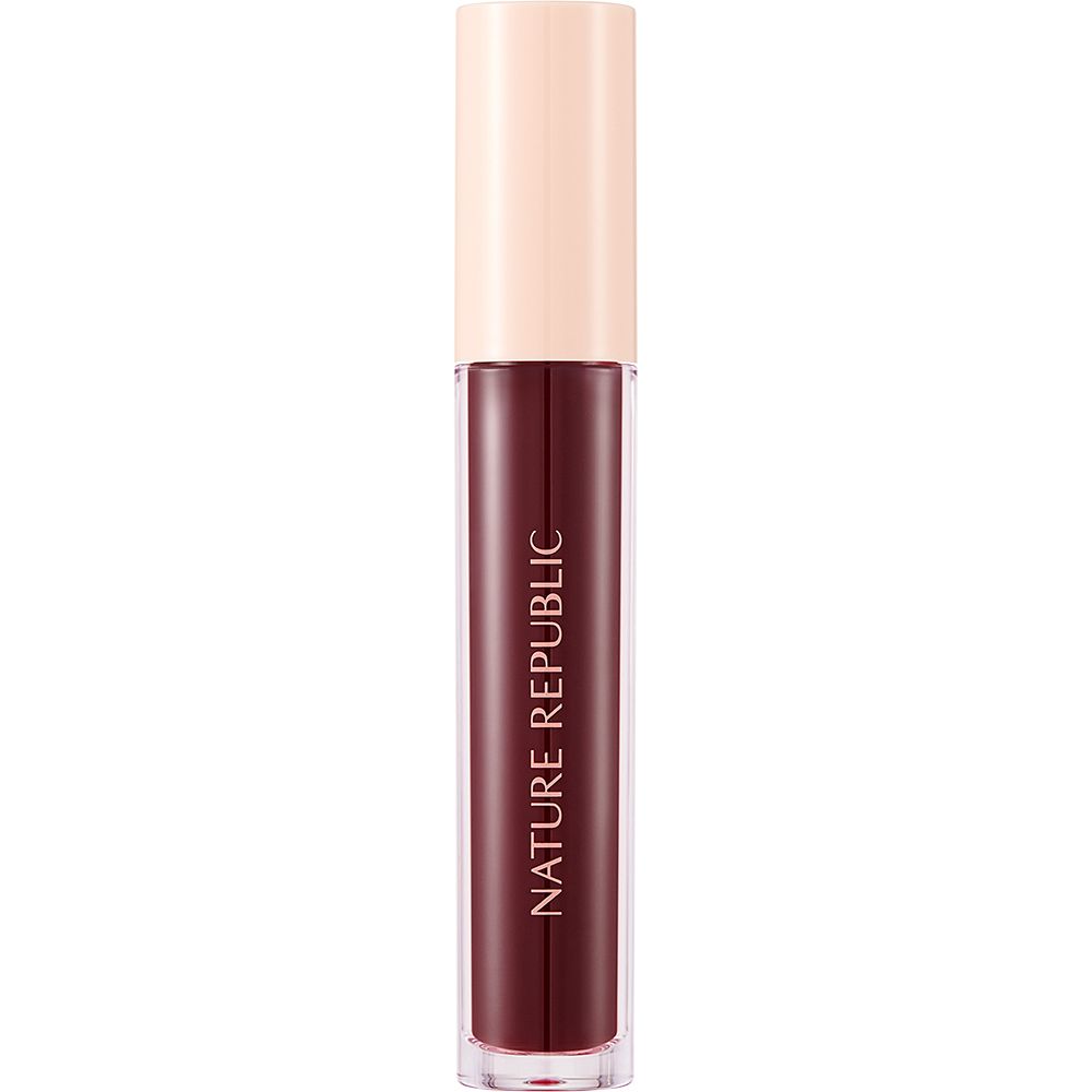 Teinte à lèvres avec applicateur. Teinte Plum Rush. Texte NATURE REPUBLIC. Boîtier transparent, capuchon beige.