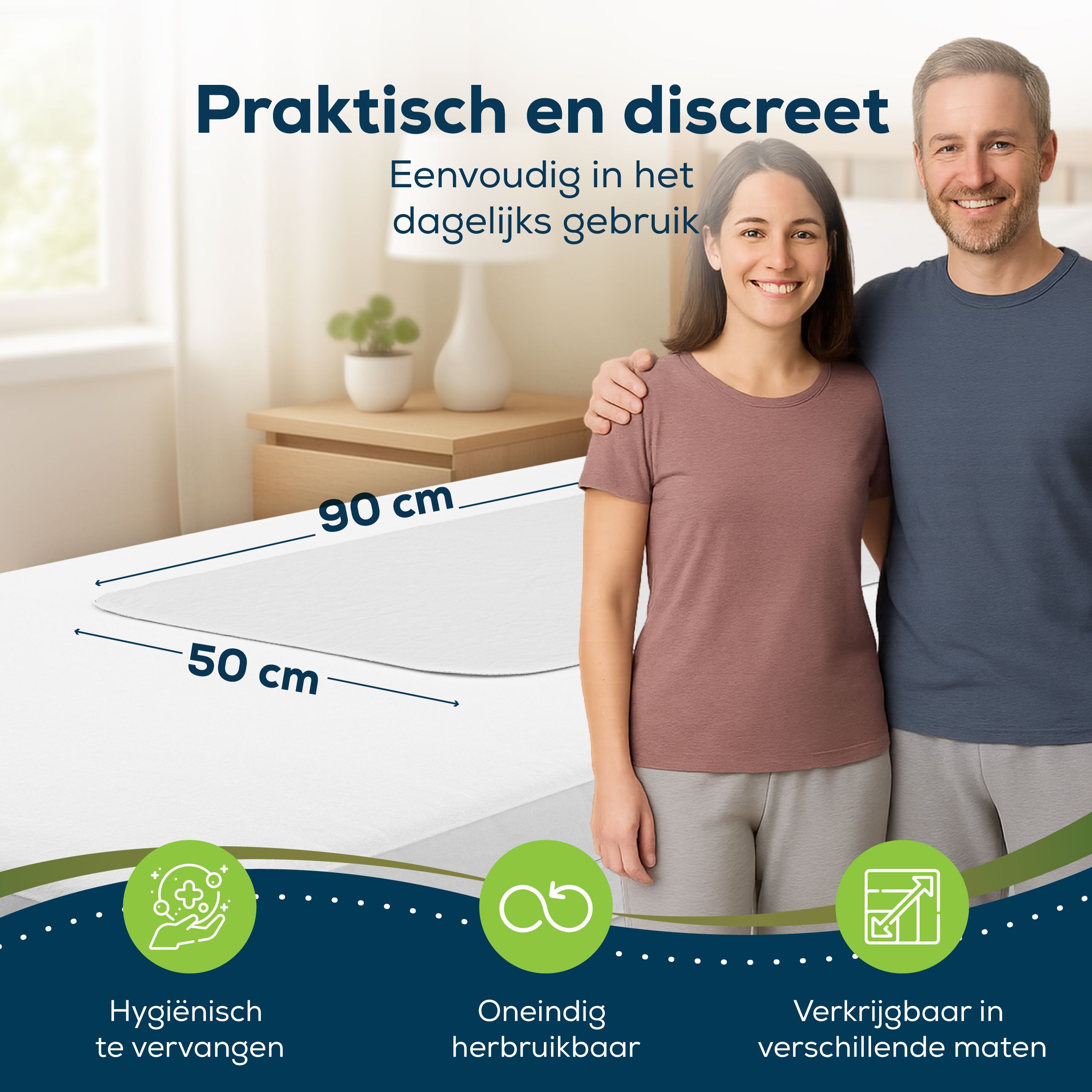 Incontinentie onderlegger op bed. Afmetingen: 90x50 cm. Hygiënisch, herbruikbaar, verkrijgbaar in verschillende maten.
