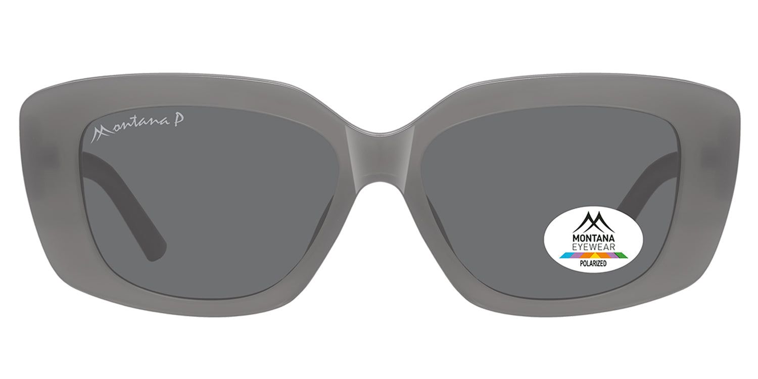 Grijze zonnebril met rechthoekige glazen. Montana Eyewear logo en polarisatie sticker. Poten met logo.