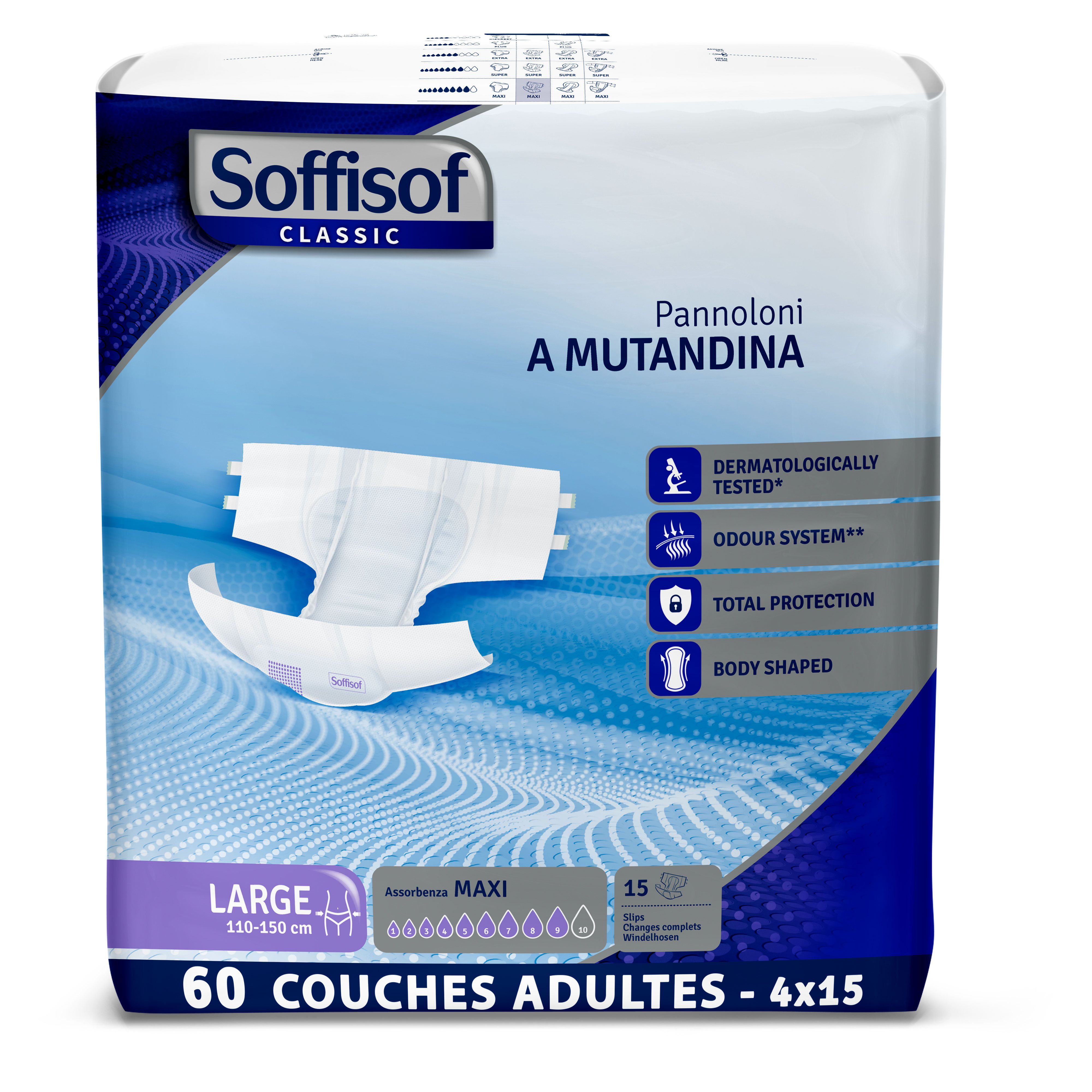 Couches Soffisof Classic Maxi pour adultes, taille L. Paquet de 60. Testé dermatologiquement, système anti-odeurs.