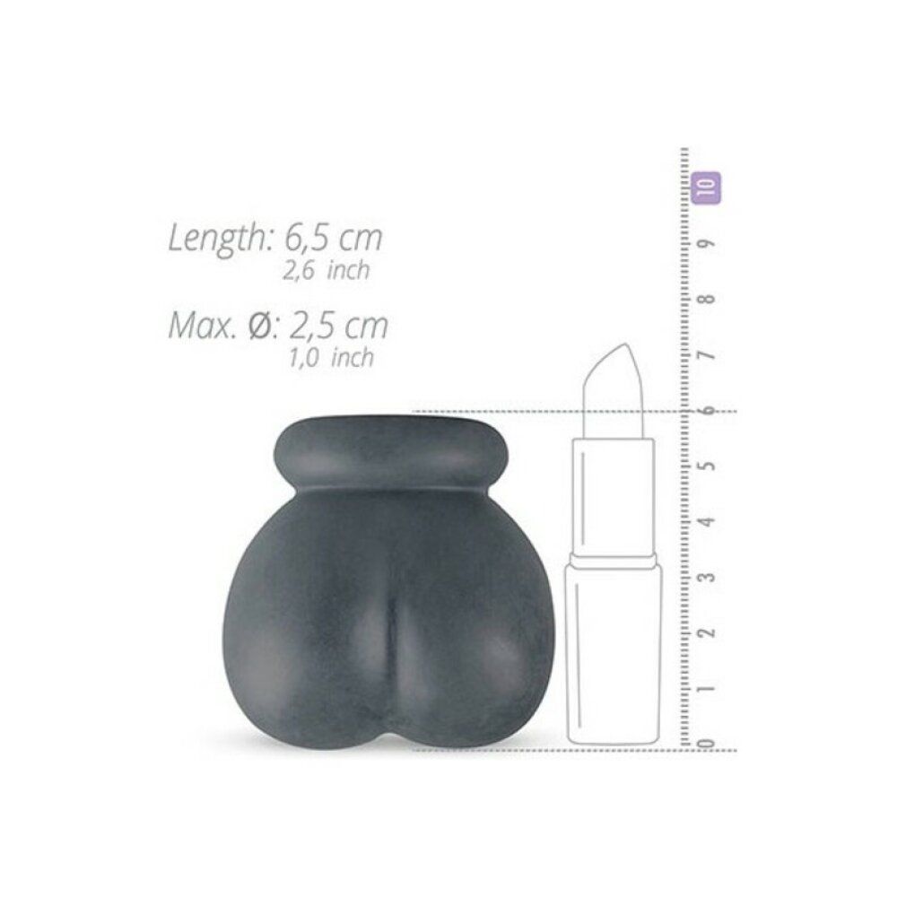 Produit en silicone gris avec mesures. Longueur : 6,5 cm, diamètre : 2,5 cm. Un rouge à lèvres sert de comparaison.