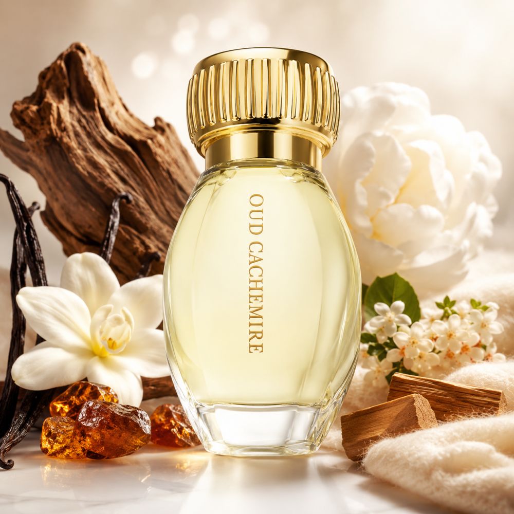 Parfumfles met gouden dop. Omringd door hout, bloemen, vanillestokjes en barnsteen.