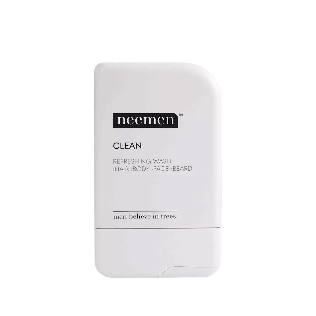 Produit blanc avec texte noir "neemen CLEAN". Texte en dessous: "Refreshing Wash Hair Body Face Beard".