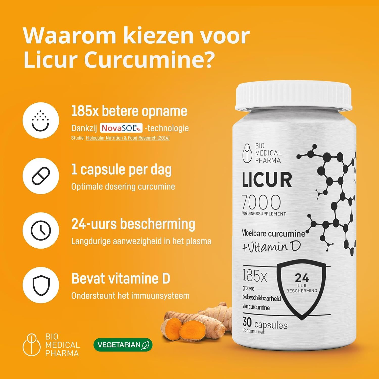 Fles Licur 7000 met 30 capsules, vloeibare curcumine + vitamine D. Bevat kurkumawortels.