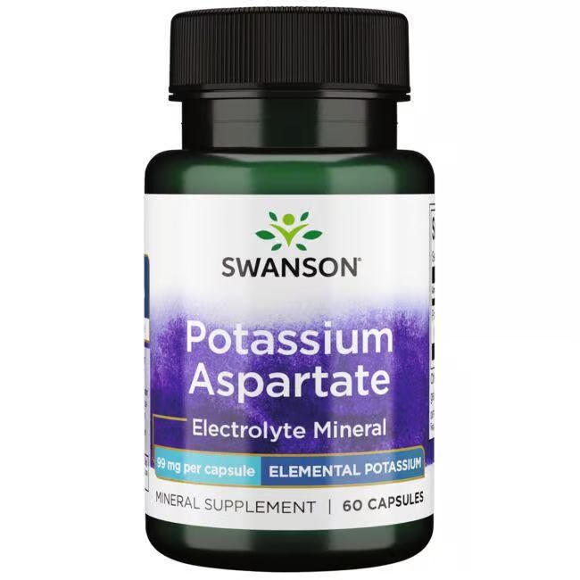 Flacon vert avec bouchon noir. Inscription: SWANSON, Potassium Aspartate, 99 mg par capsule, 60 capsules.