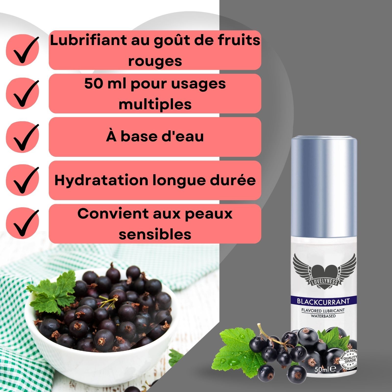 Lubrifiant au goût de fruits rouges. 50ml. À base d'eau. Hydratation longue durée. Peaux sensibles.