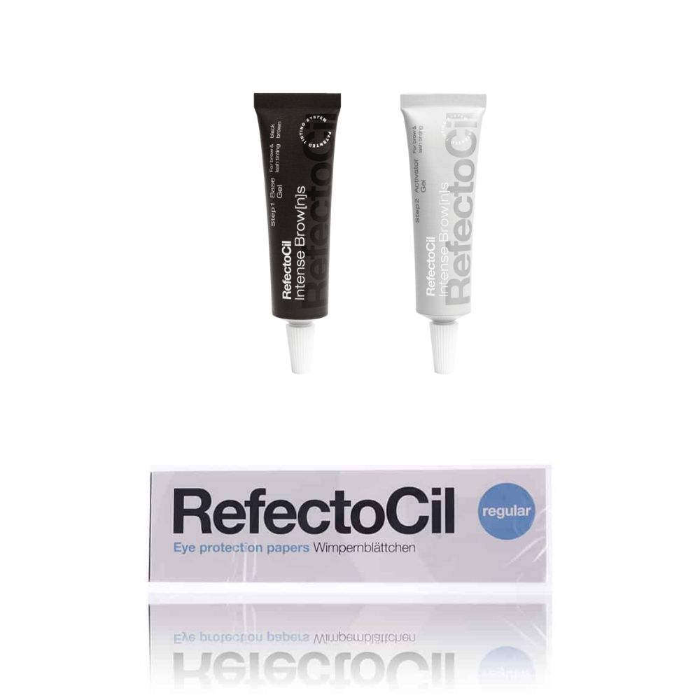 Deux tubes et une boîte. Les tubes portent la mention RefectoCil et Intense Brow[n]s. La boîte porte la mention RefectoCil et Eye protection papers.