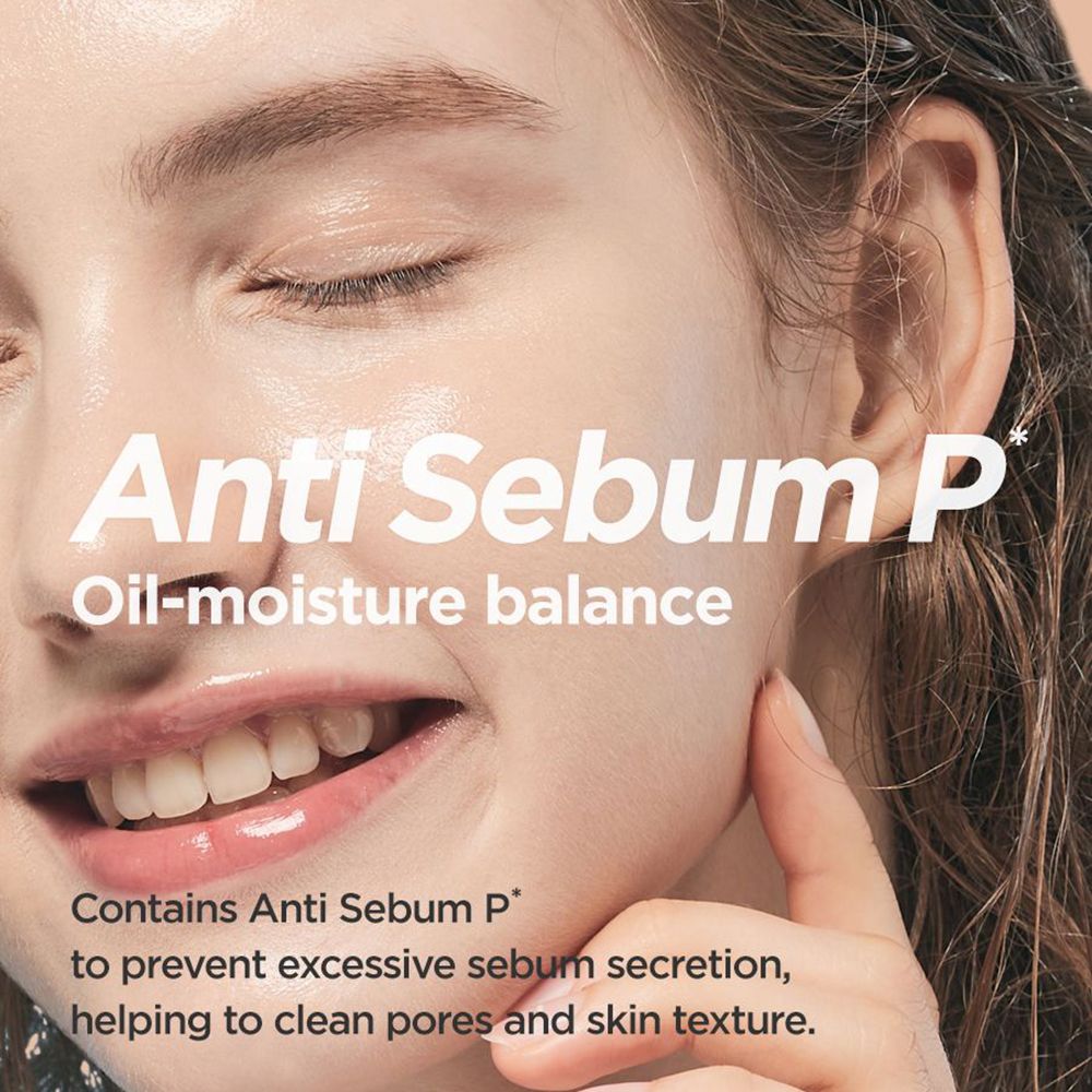 Visage d'une femme. Texte : Anti Sebum P. Texte sur l'équilibre huile-humidité. Texte sur le nettoyage des pores.