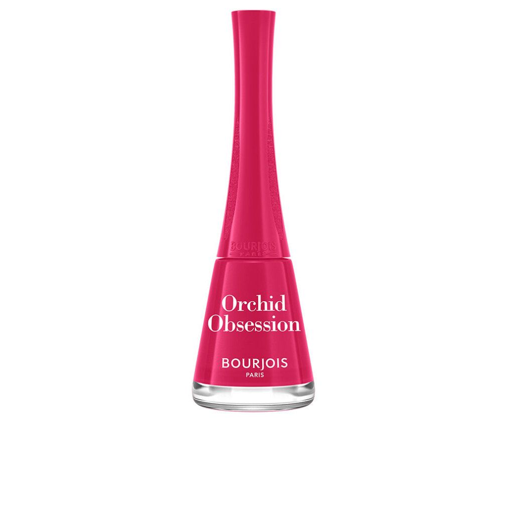 Roze nagellakfles. Opschrift: Orchid Obsession, Bourjois Paris. Transparante glazen fles.