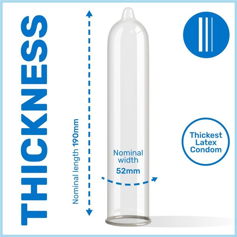 Préservatif avec dimensions: 190mm de long, 52mm de large. Texte: Préservatif en latex le plus épais.