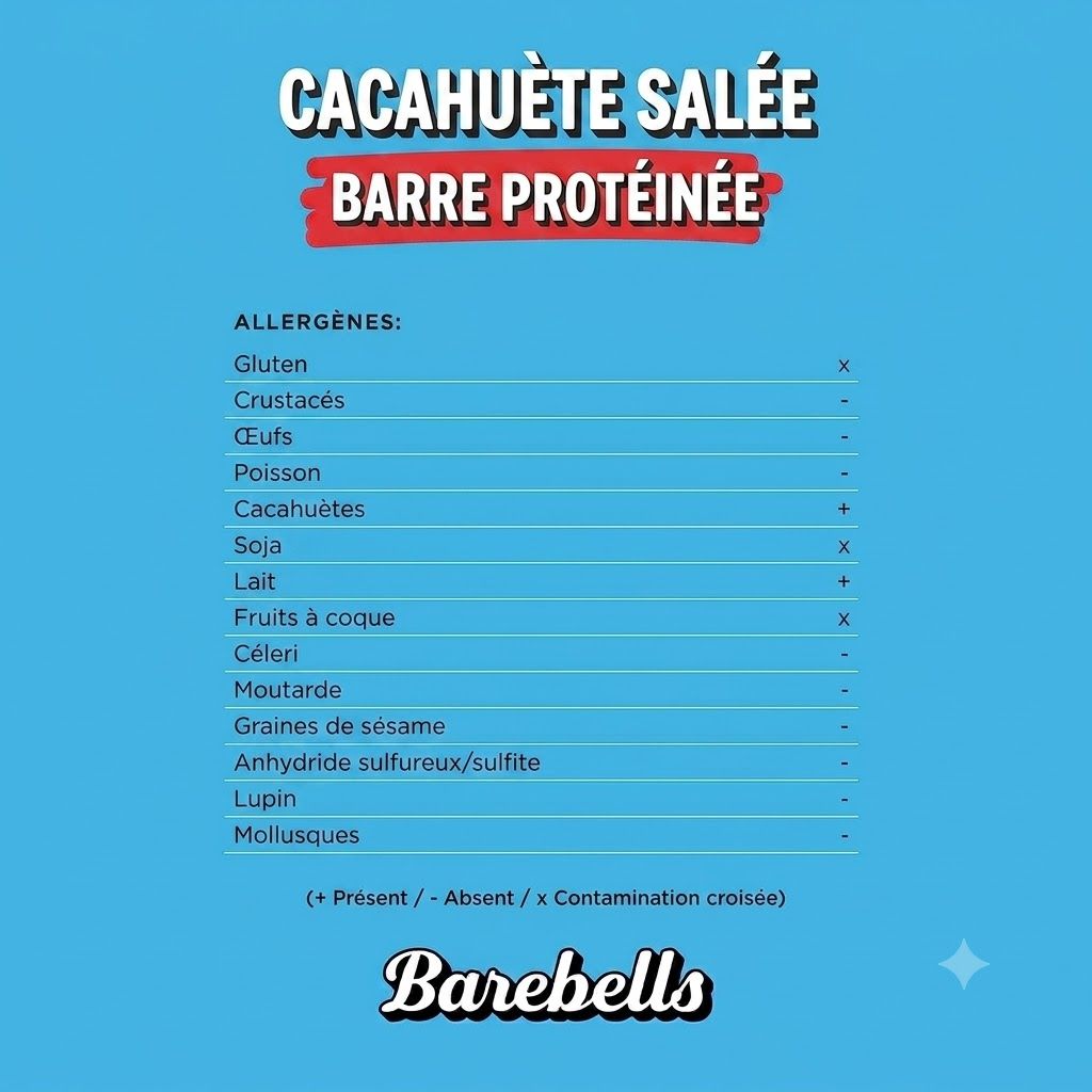 Informations sur les allergènes pour Barebells "Cacahuète Salée" en français.
