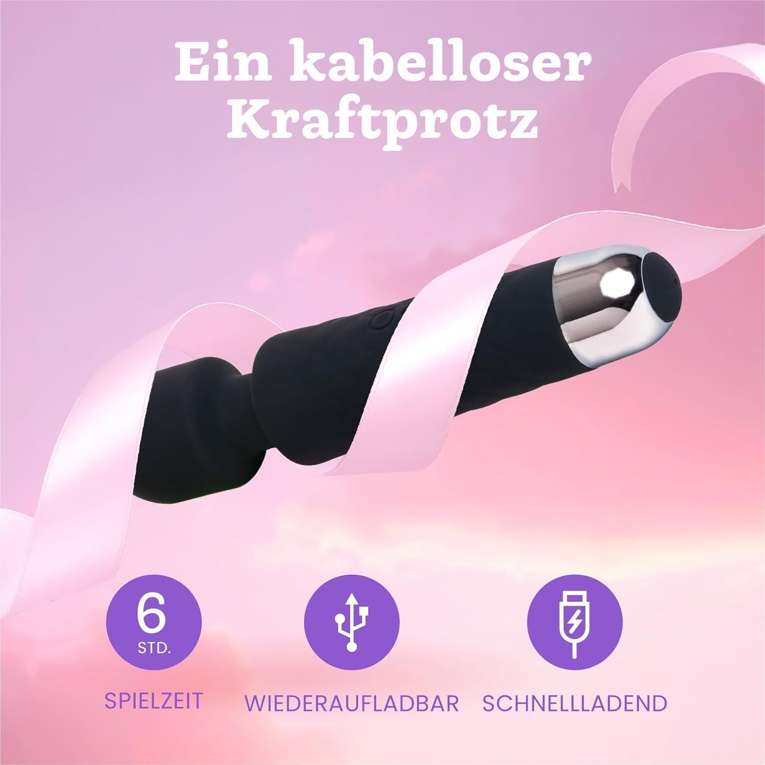 Draadloze zwarte vibrator met zilveren accent. 6 uur speeltijd, USB-oplaadbaar, snelladen.
