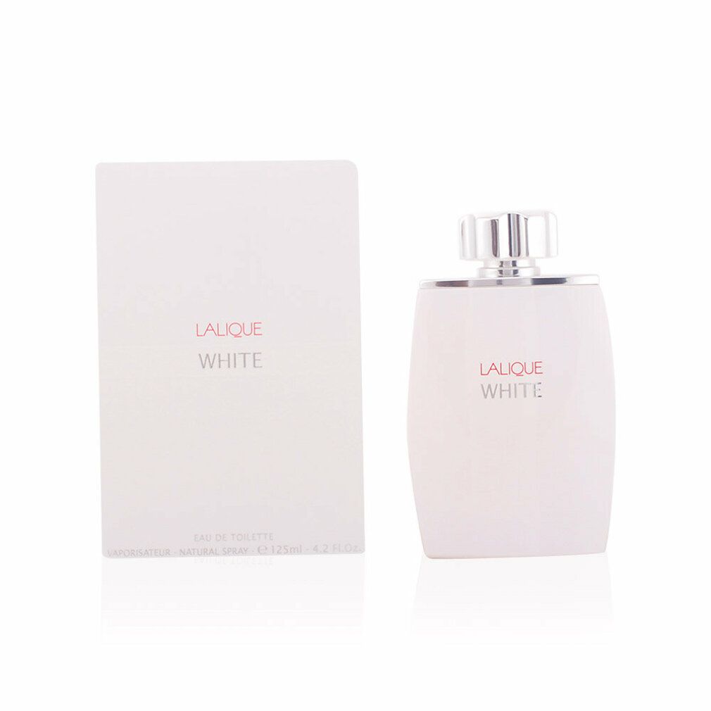 Flacon et boîte blancs. Inscription: Lalique White. Flacon avec bouchon argenté. Boîte à côté.