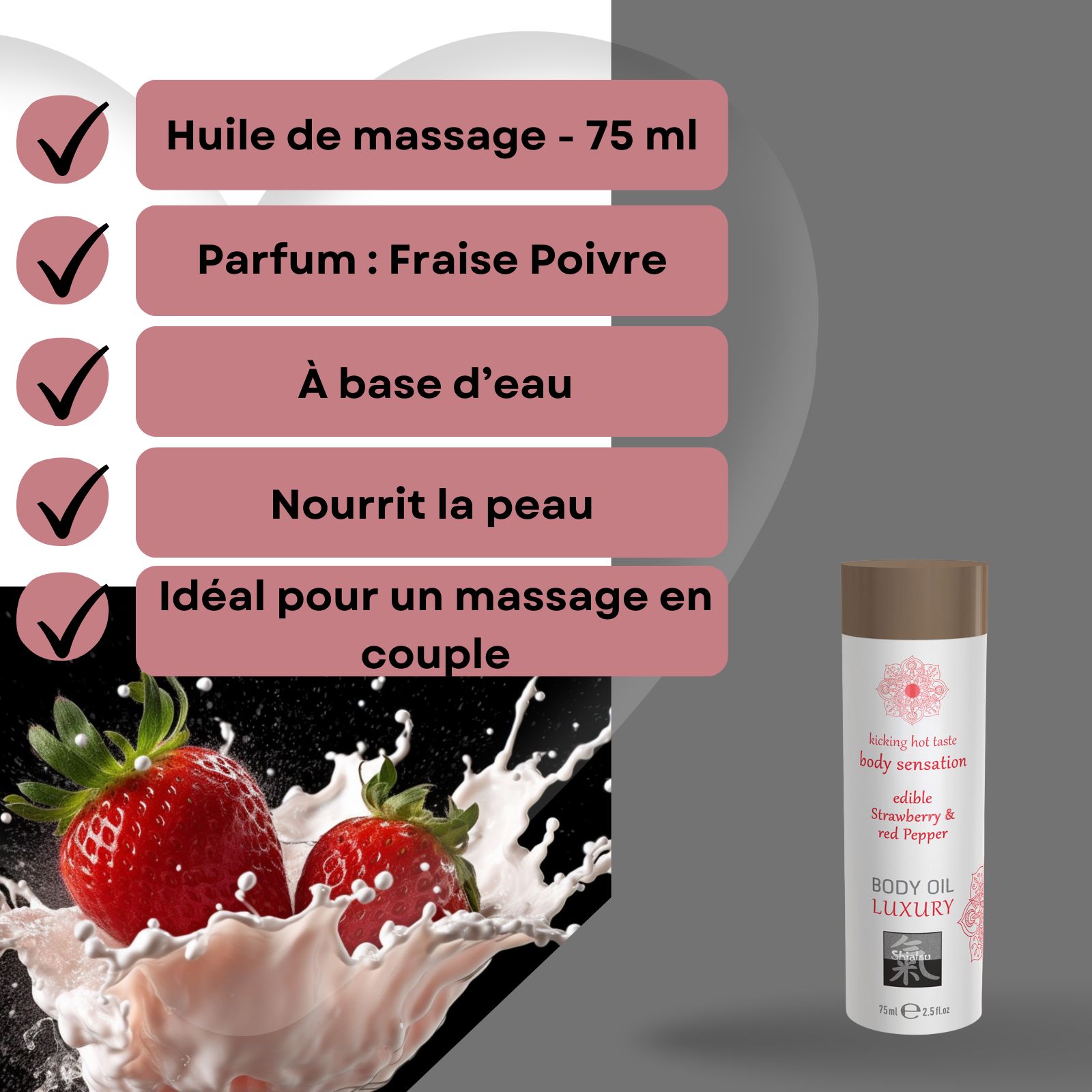 Bouteille d'huile corporelle Shiatsu Luxury, saveur fraise et poivre rouge.