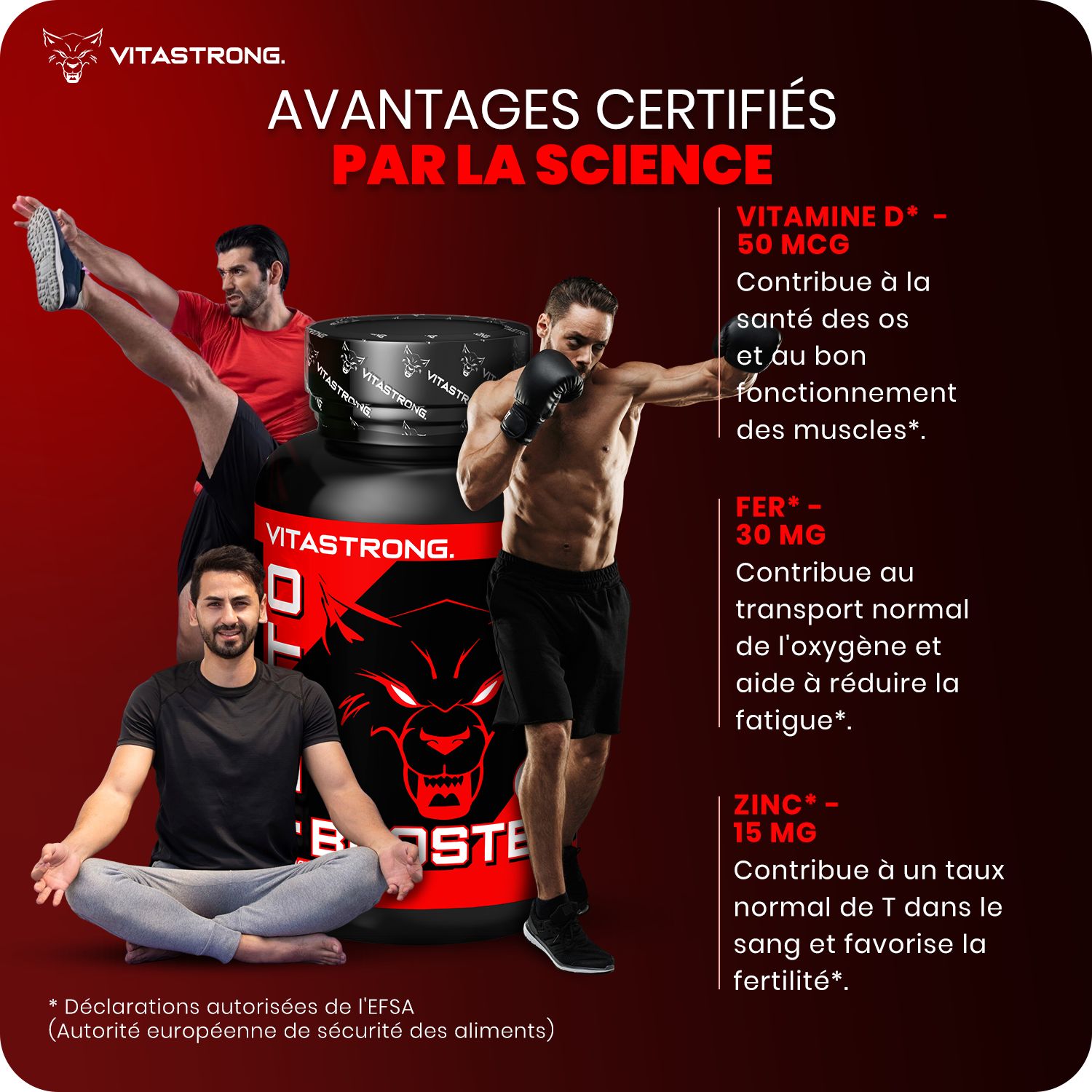 Man met Testobooster fles. Tekst: Gecertificeerde voordelen door de wetenschap. Ingrediënten.