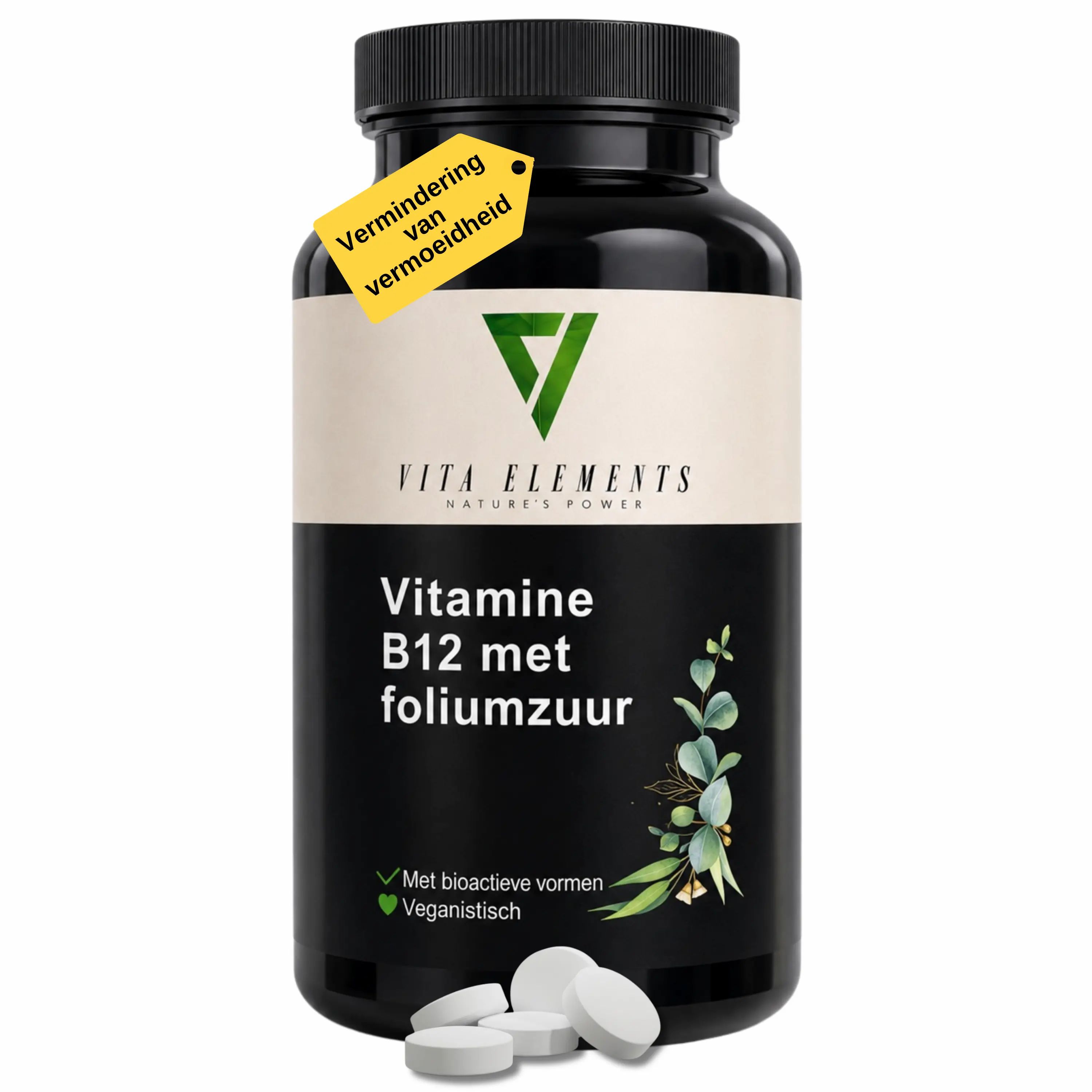 Vita Elements Vitamine B12 met foliumzuur, zwarte pot met etiket, drie tabletten ernaast.