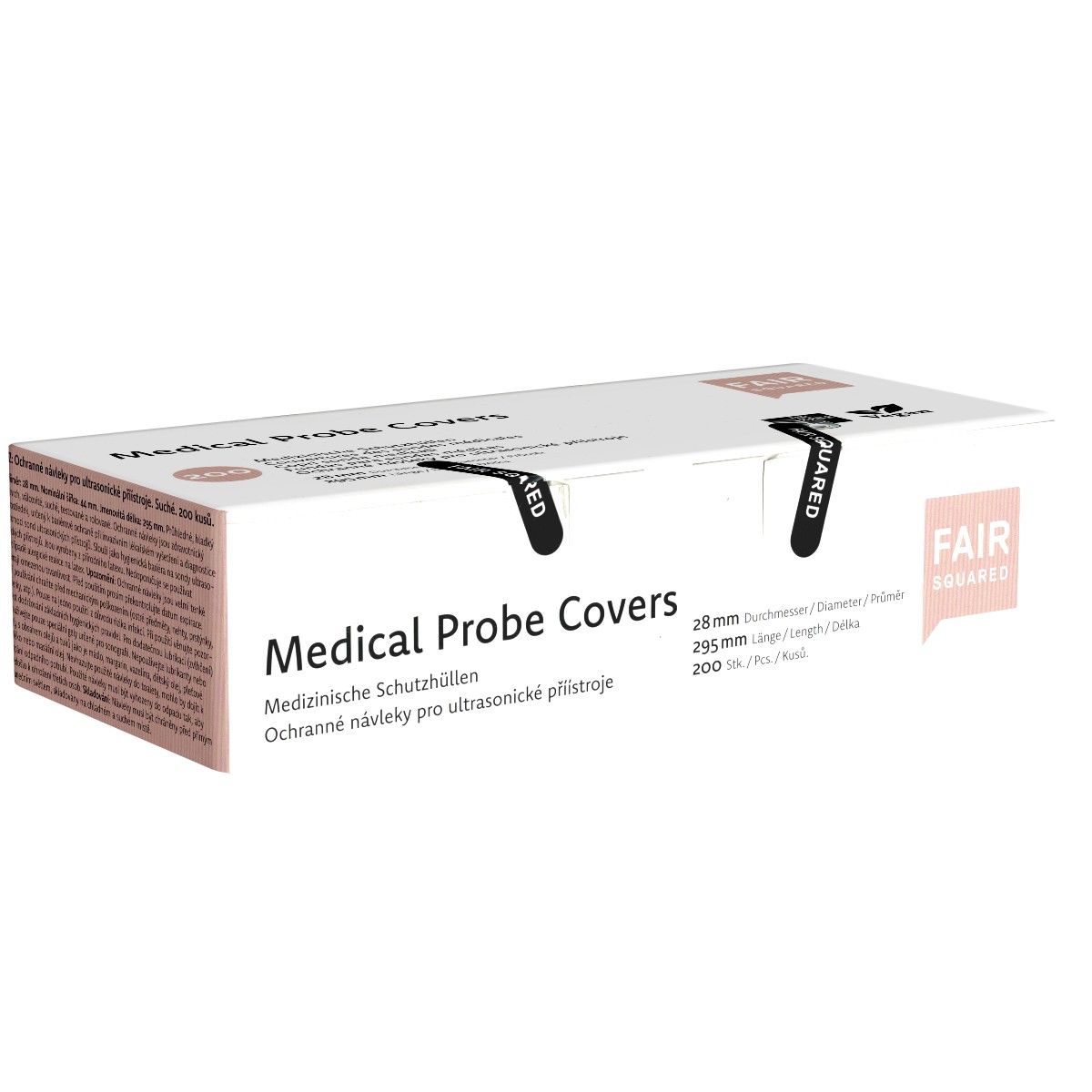 Boîte "Medical Probe Covers". Marque FAIR SQUARED. Diamètre 28mm. 200 pièces. Sceaux de sécurité.
