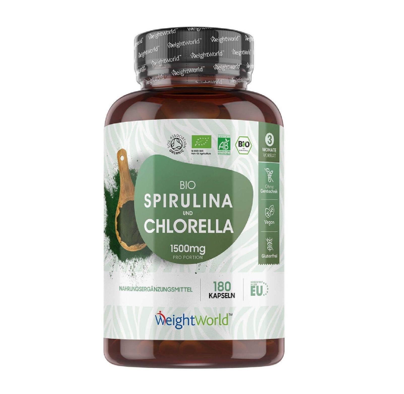 Flacon marron de gélules. Inscription : Bio Spirulina & Chlorella, 1500mg par portion, 180 gélules. Marque : WeightWorld.