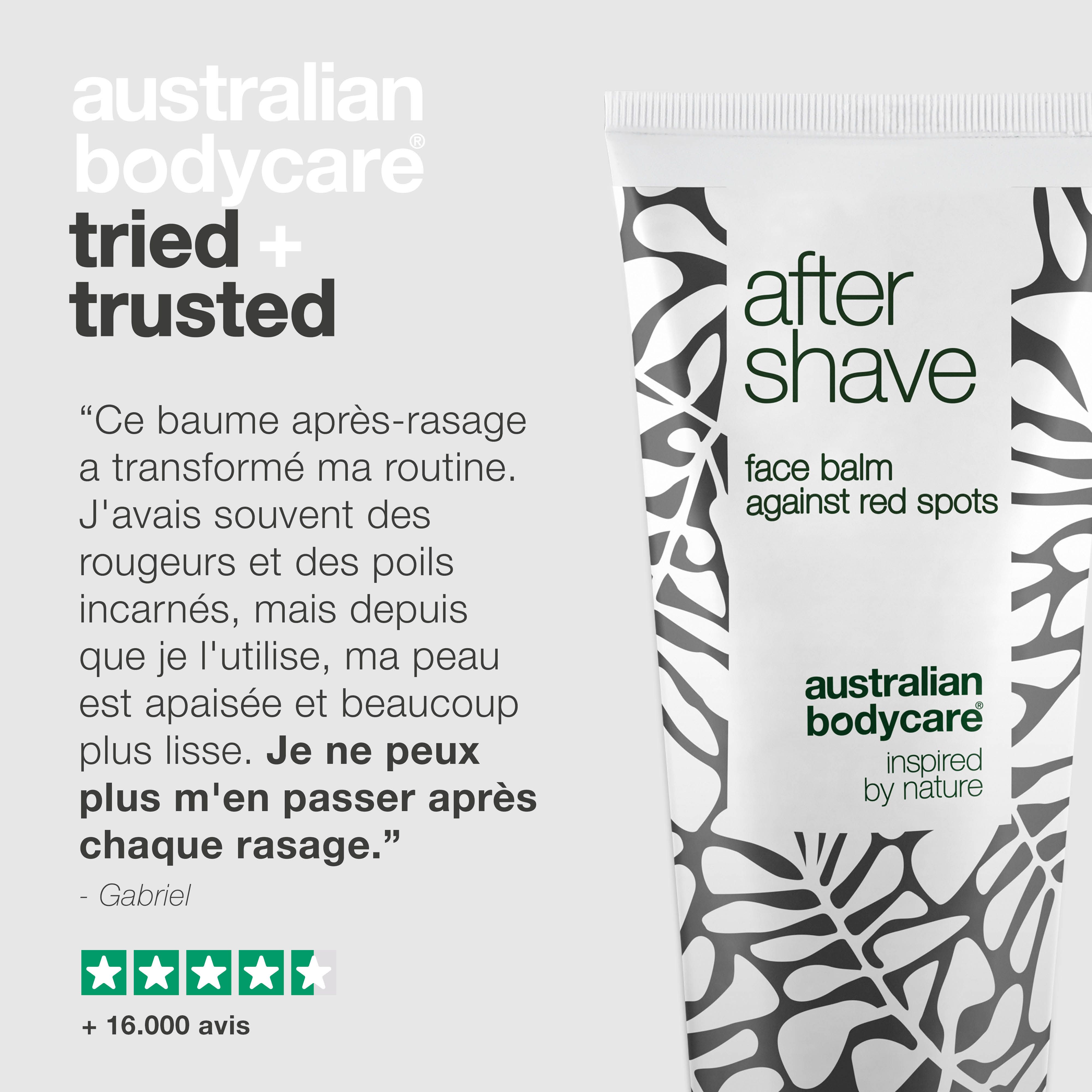 Tube de baume après-rasage. Texte: After Shave, face balm against red spots, Australian Bodycare. Citation et évaluation par étoiles.
