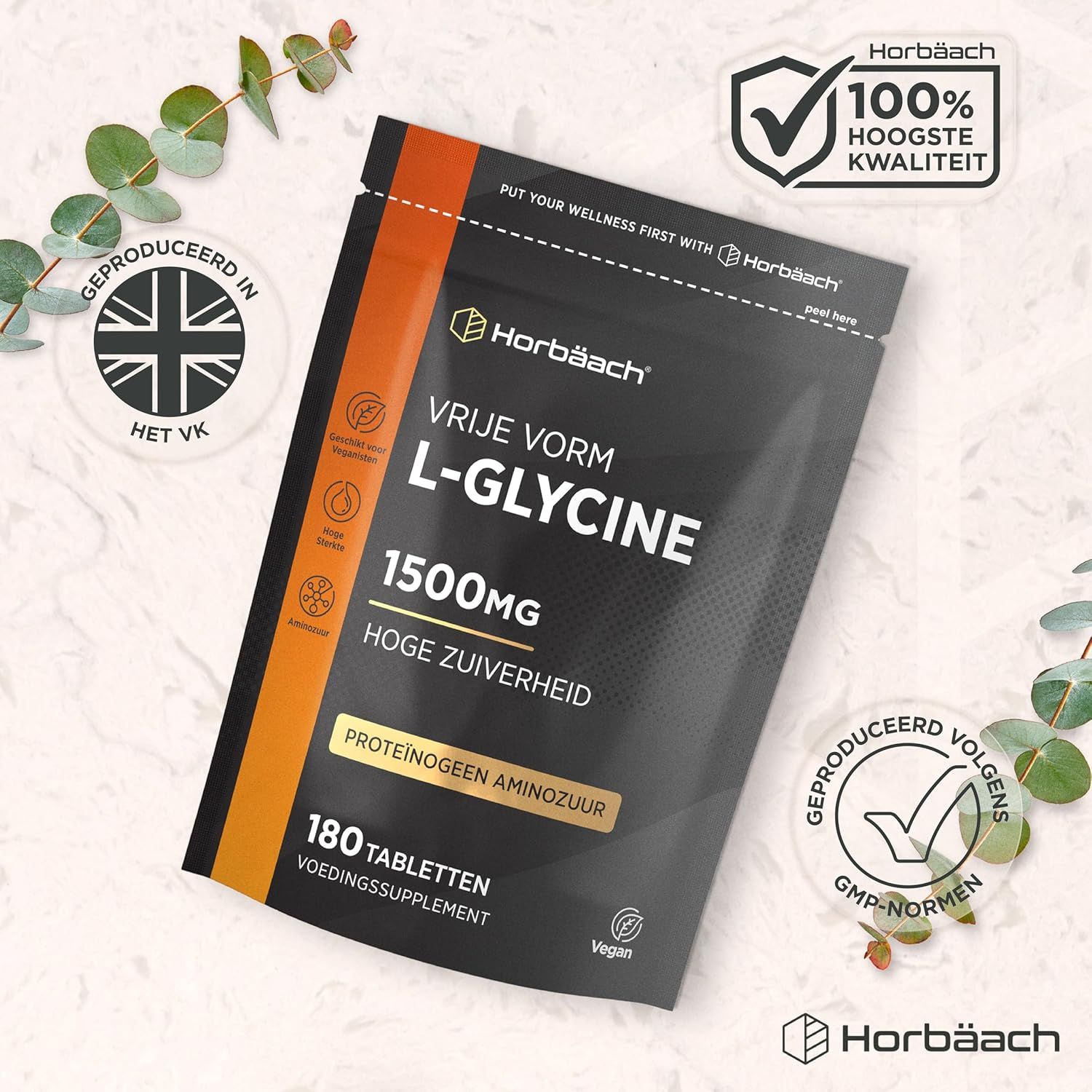 Horbaach L-Glycine zakje, 1500mg, 180 tabletten, hoge zuiverheid, vegan.