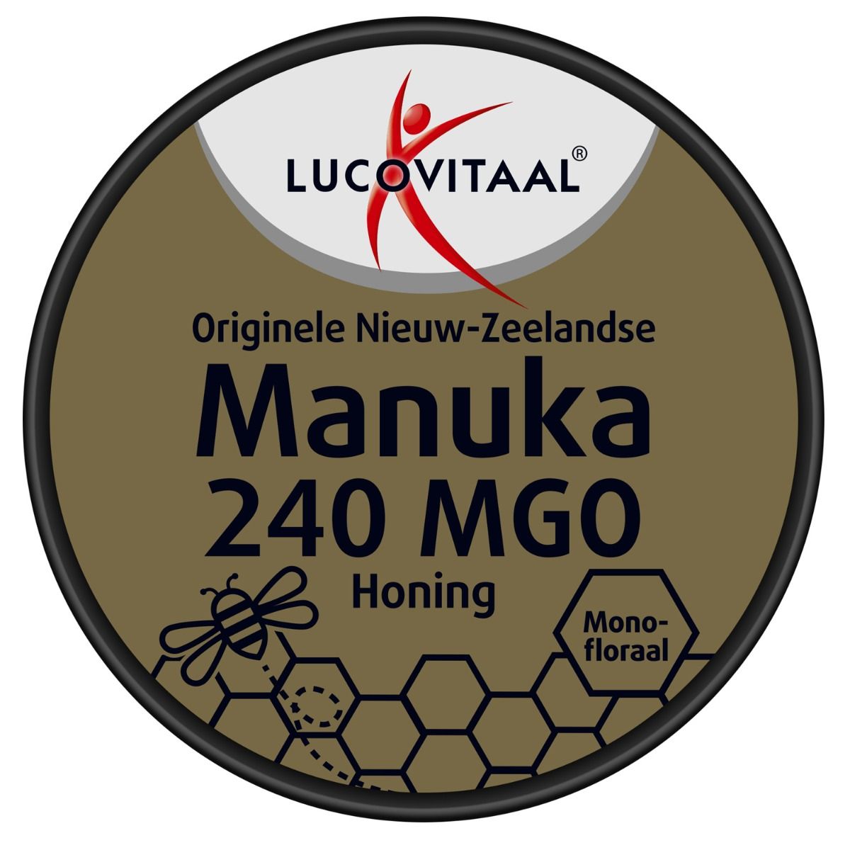 Dop van de honingpot. Opschrift: Manuka 240 MGO Honing. Logo: Lucovitaal. Etiket met honingraat.