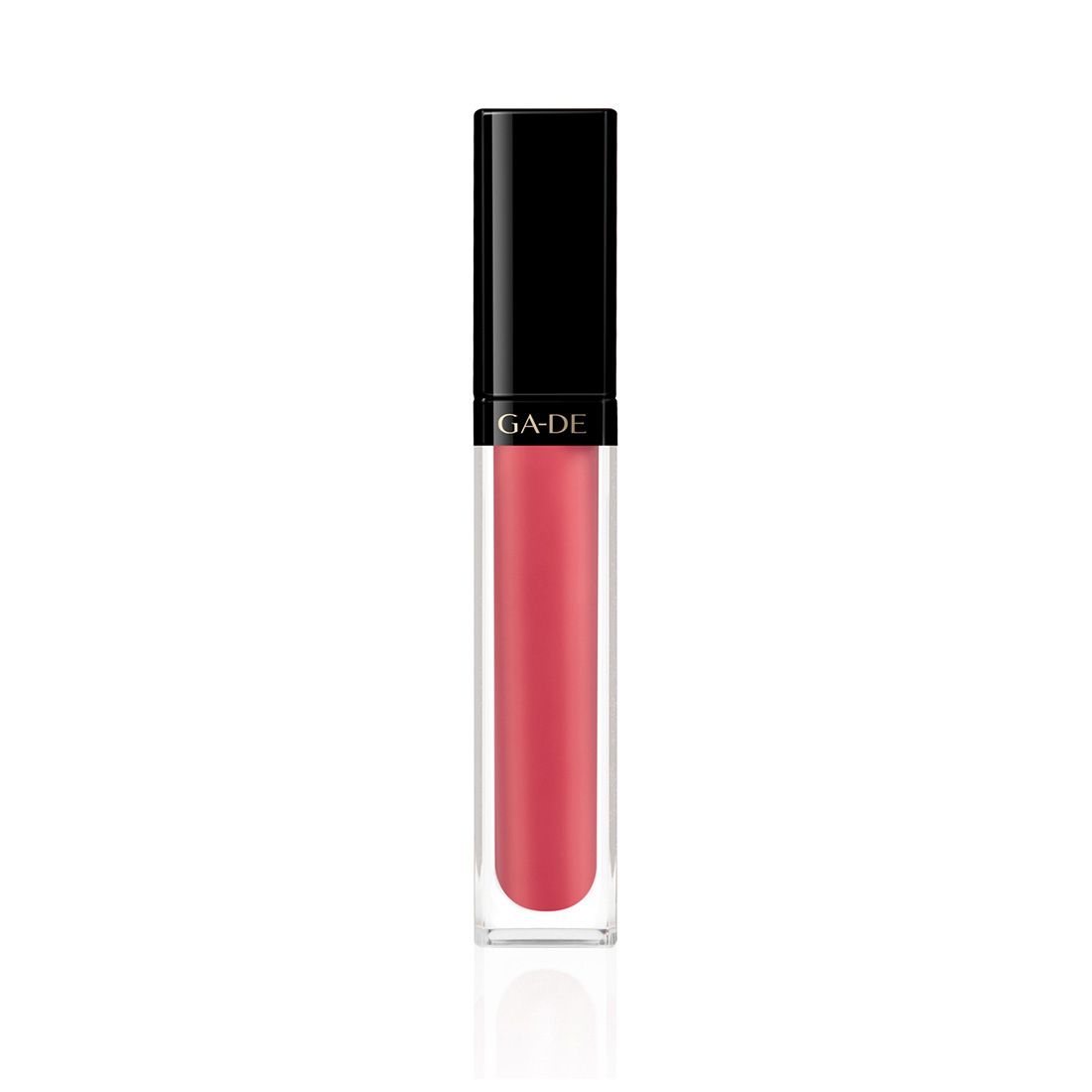 Ga-De Crystal Lights Lipgloss. Récipient transparent rectangulaire avec contenu rose. Bouchon noir avec inscription de la marque.