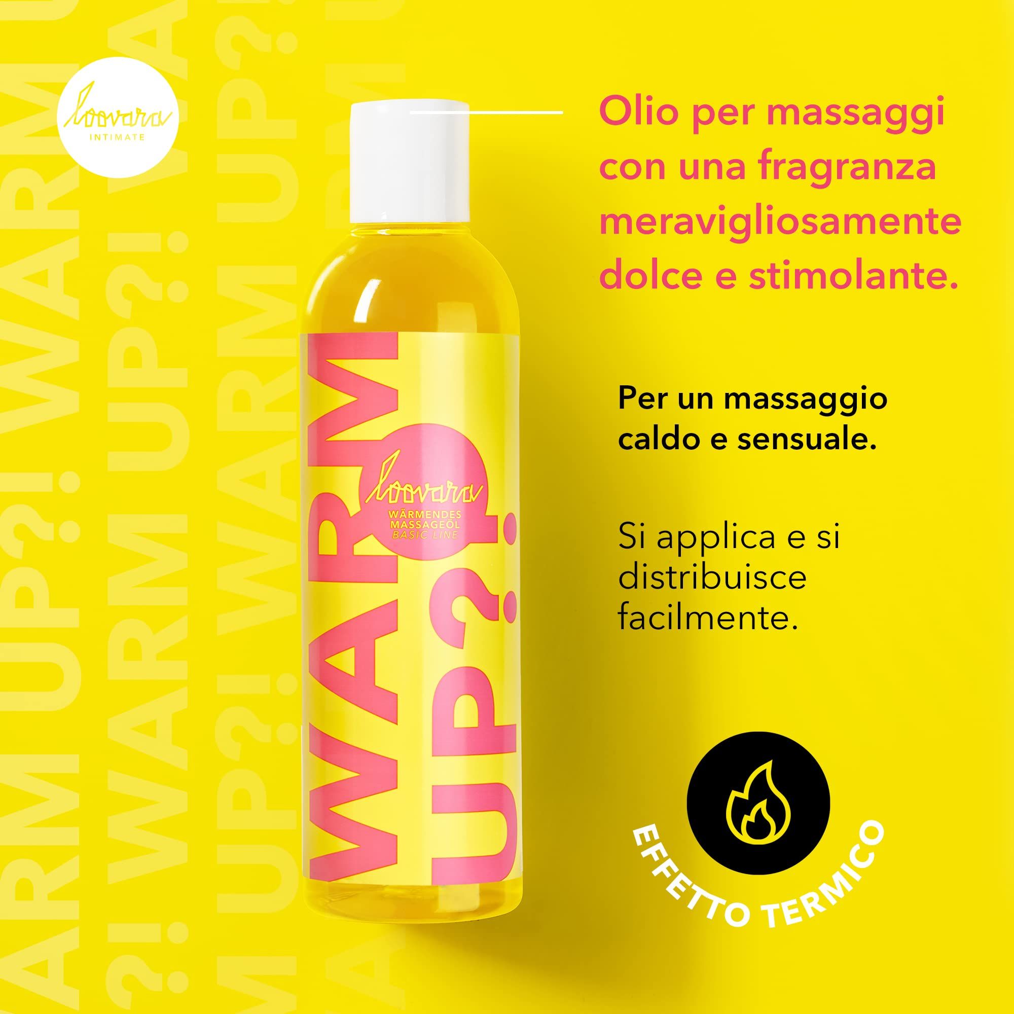 Bouteille d'huile de massage chauffante Loovara Warm Up?! Intimate. Liquide jaune, étiquette jaune avec écriture rose.