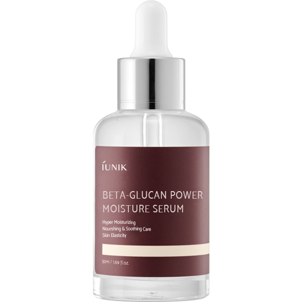 Flacon en verre transparent avec pipette. Étiquette marron avec texte blanc: iUNIK, Beta-Glucan Power Moisture Serum. 50ml / 1.69 fl.oz.
