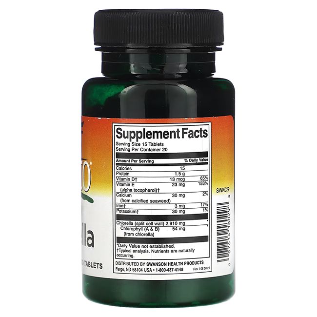 Dos du flacon vert. Inscription: Supplement Facts. Kyoto Chlorella. Informations nutritionnelles. 300 comprimés.