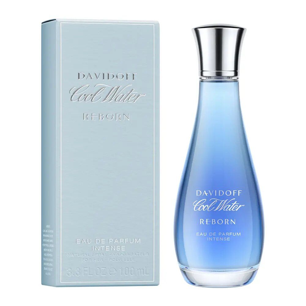 Flacon de parfum et boîte. Flacon bleu, bouchon argenté. Boîte bleu clair. Inscription : Davidoff Cool Water Reborn Eau de Parfum Intense.