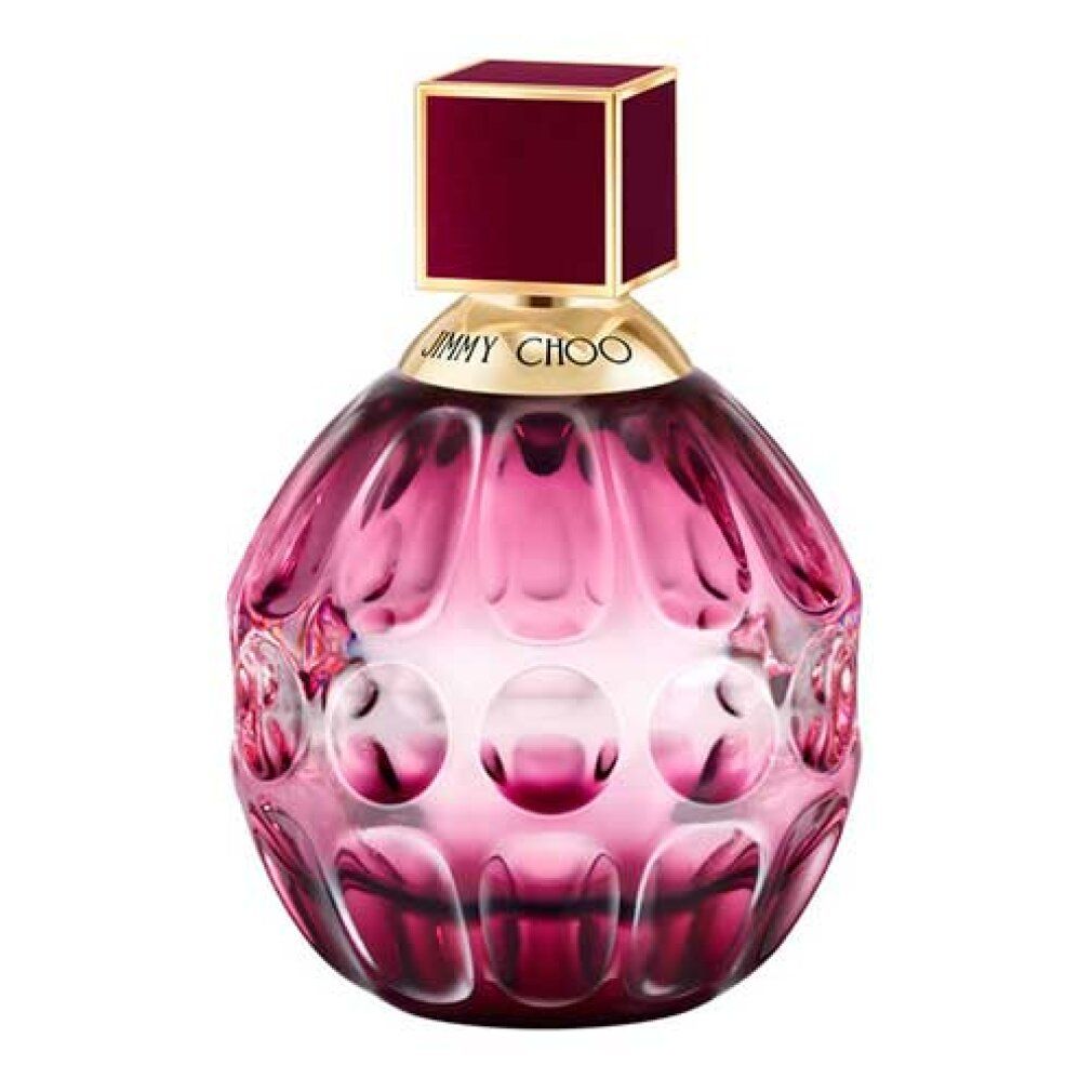 Roze ronde fles van Jimmy Choo Fever Eau de Parfum. Vierkante dop. Gouden hals.