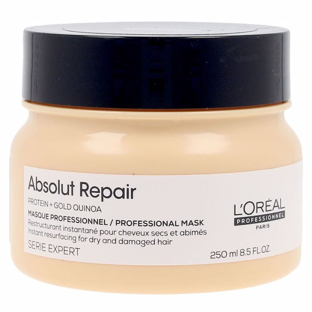 Pot L'Oréal Professionnel Absolut Repair Gold Maschera Professionale. Beige pot met zwart deksel, label.