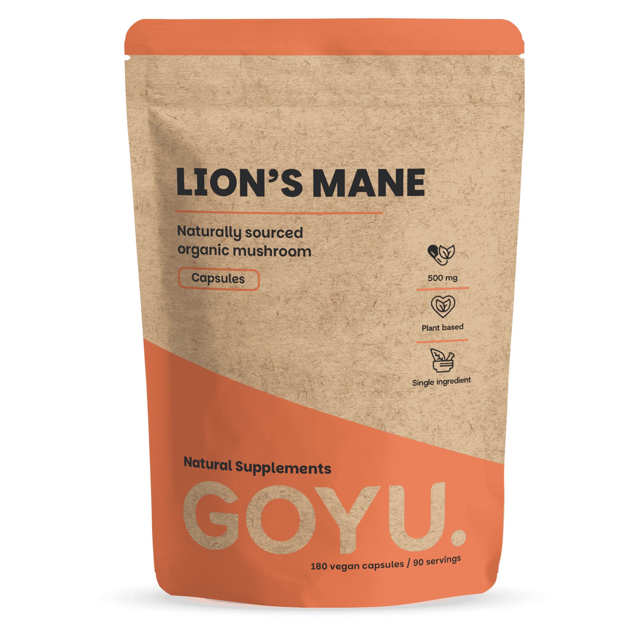 Bruine papieren zak met leeuwenmanen capsules, 500 mg, plantaardig, enkele ingrediënt.