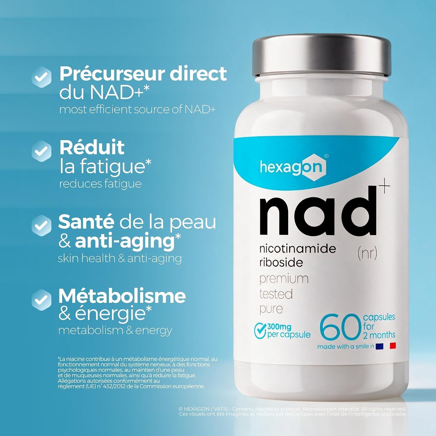 Flacon blanc de capsules avec bouchon argenté. Étiquette 'hexagon nad+ nicotinamide riboside', 60 capsules.