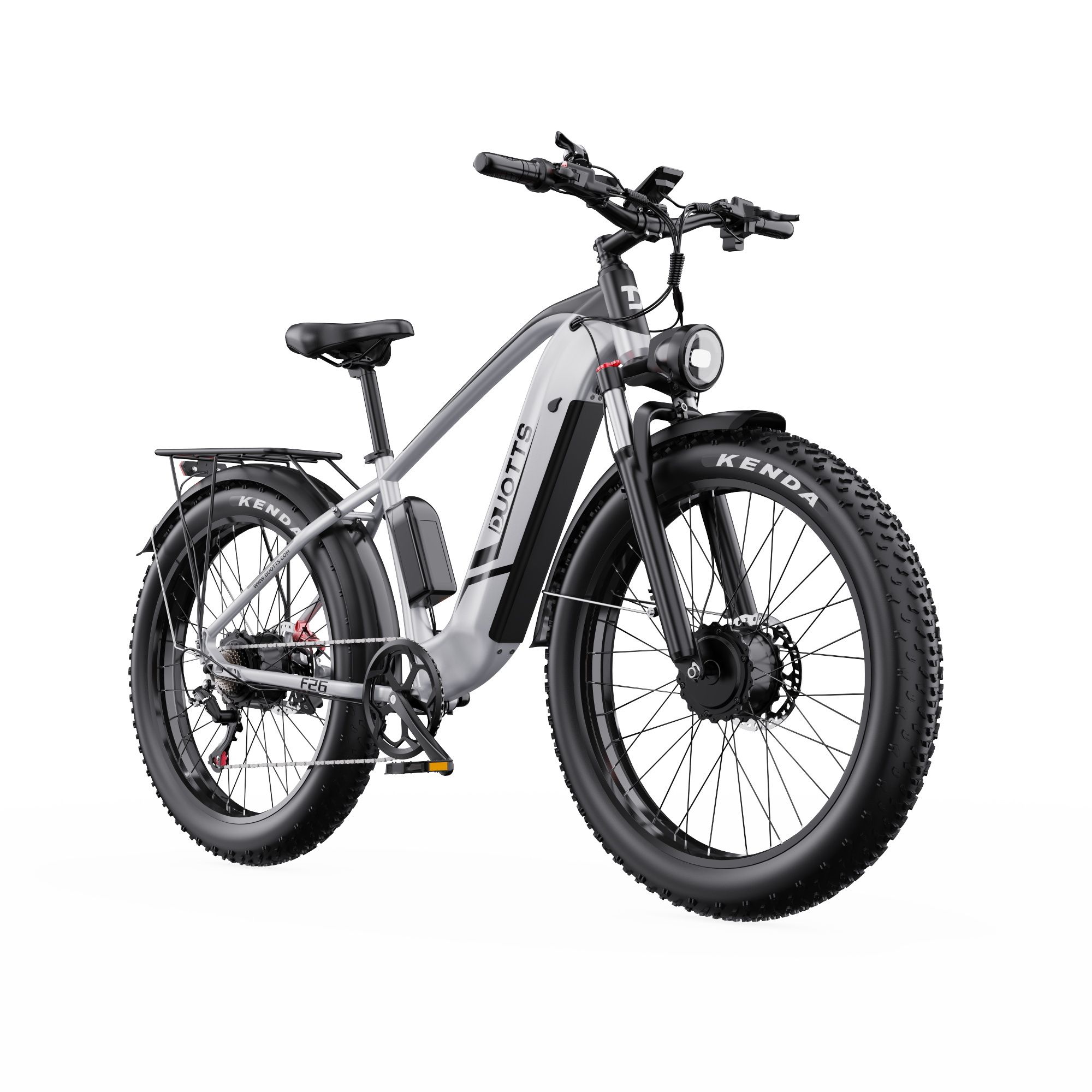 Vélo électrique DUOTTS F26, vue de face. Cadre noir et argenté, pneus larges, porte-bagages. Moteur et batterie.
