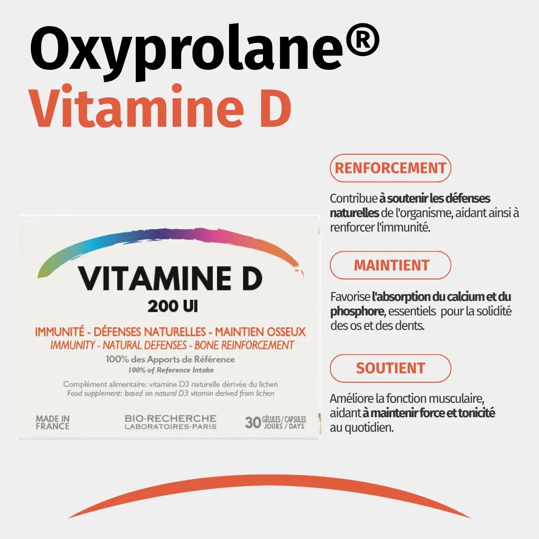 Boîte de Vitamine D 200 UI, 30 gélules. Fabriqué en France.