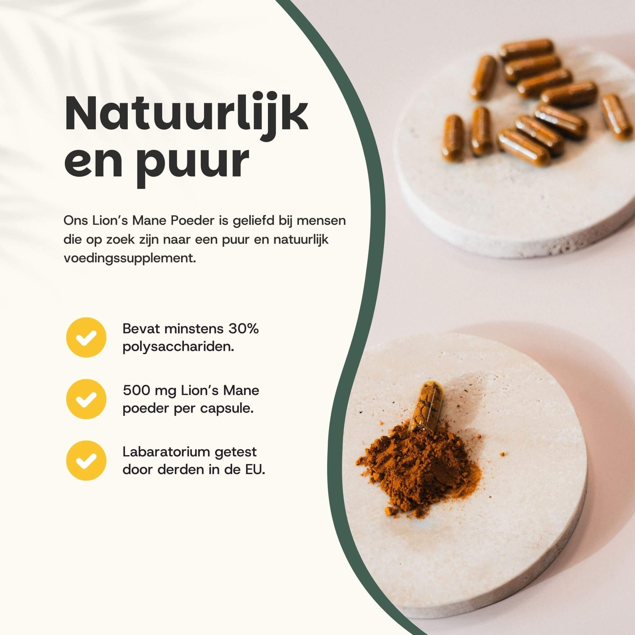 Capsules en poeder op trays. Tekst: Bevat minstens 30% polysacchariden. 500 mg Hericium per capsule.