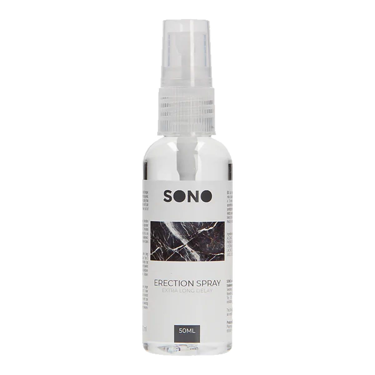 Flacon transparent avec vaporisateur. L'étiquette indique "SONO Erection Spray". En bas de l'étiquette, "50ml".