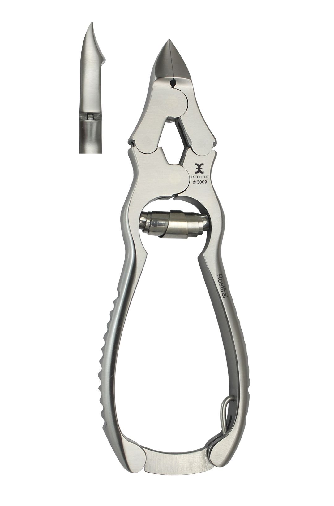 Metalen nageltang met gebogen snijkant en handgrepen. Detailweergave van de snijkant. Logo en tekst op het product.