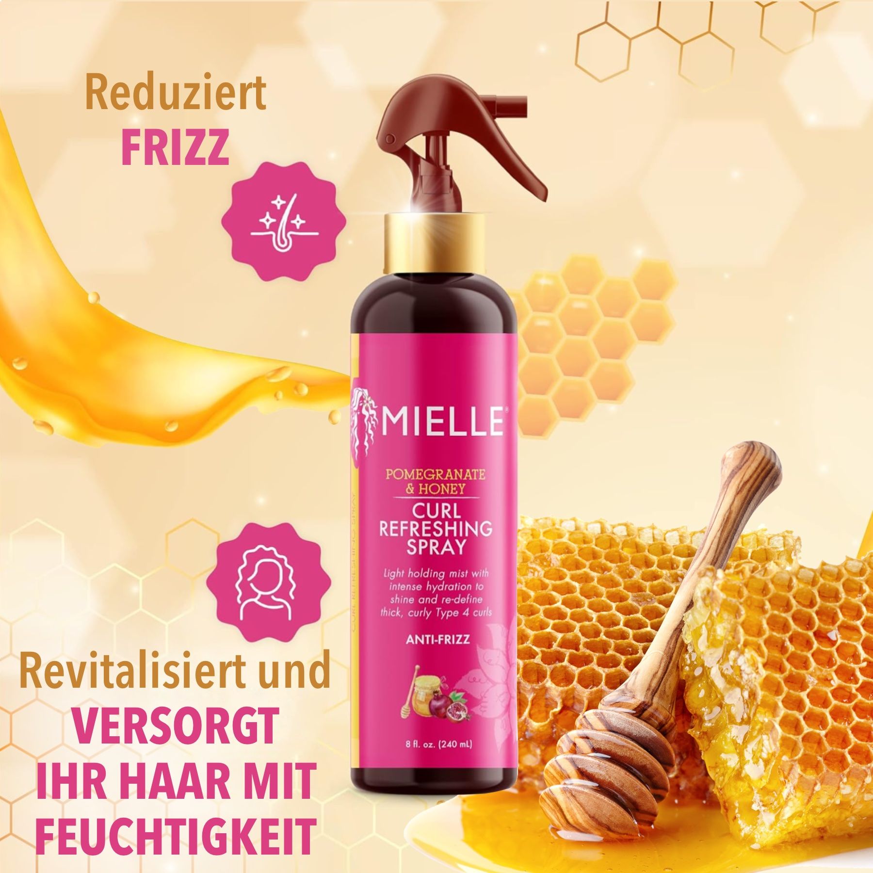 Flacon avec illustrations de nid d'abeilles et de miel. Texte : Réduit les frisottis, revitalise et hydrate les cheveux.