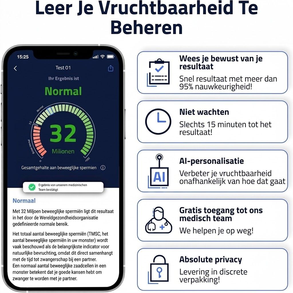 Smartphone-app toont vruchtbaarheidsresultaat: 32 miljoen zaadcellen, normaal. Biedt snelle resultaten en AI-personalisatie.