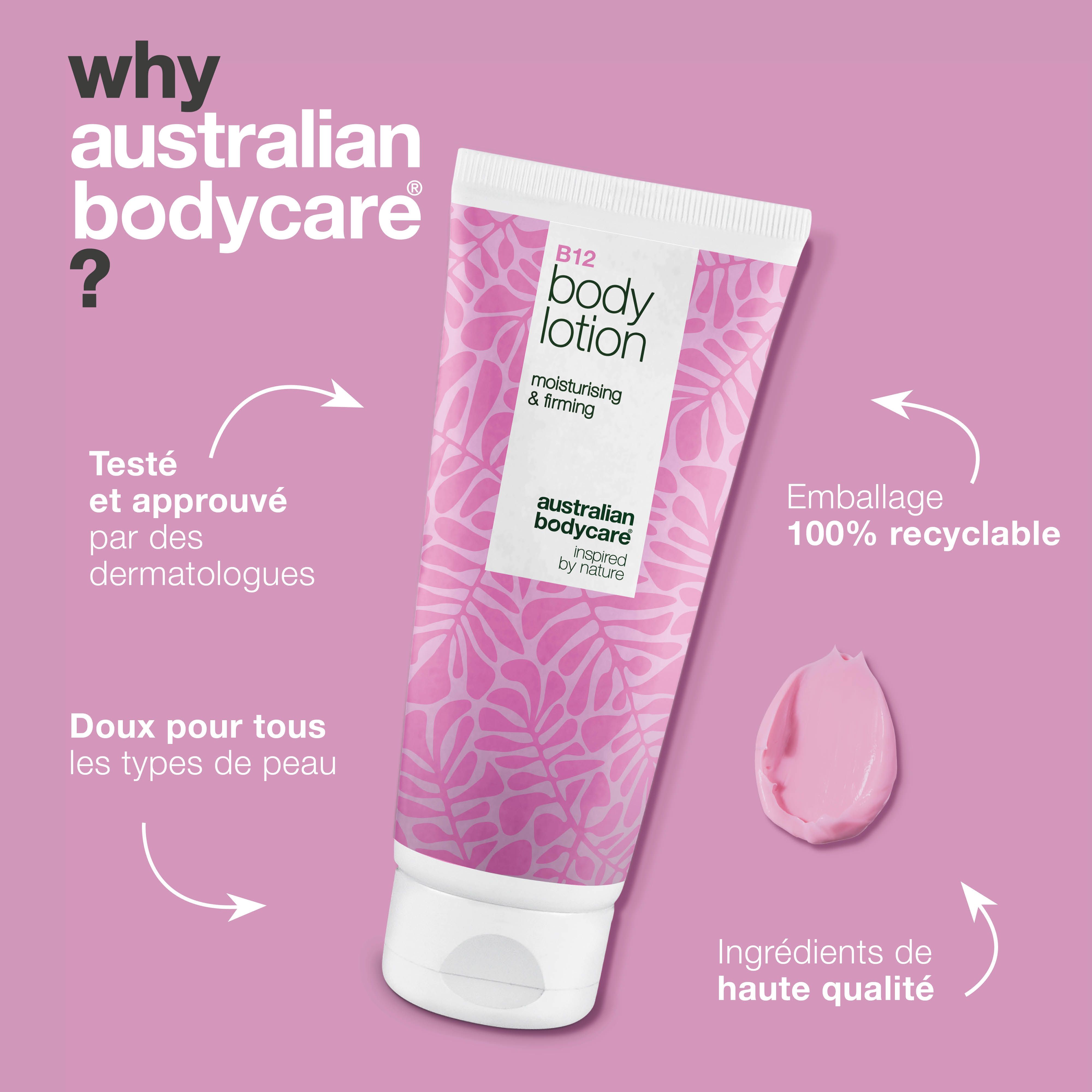 Tube de lotion corporelle B12. Texte : Australian Bodycare. Pourquoi ? Testé, 100% recyclable, doux, ingrédients de qualité. Crème rose.