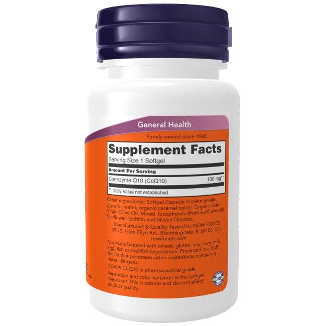 Witte fles met paarse dop. Etiket met productinformatie en voedingswaarde. Tekst: Co-enzym Q10, 100 mg.