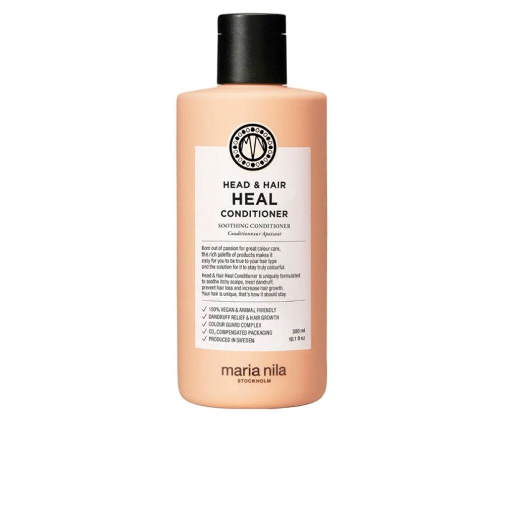 Flacon beige à bouchon noir. Inscription: HEAD & HAIR HEAL CONDITIONER. Marque: Maria Nila. 300 ml.