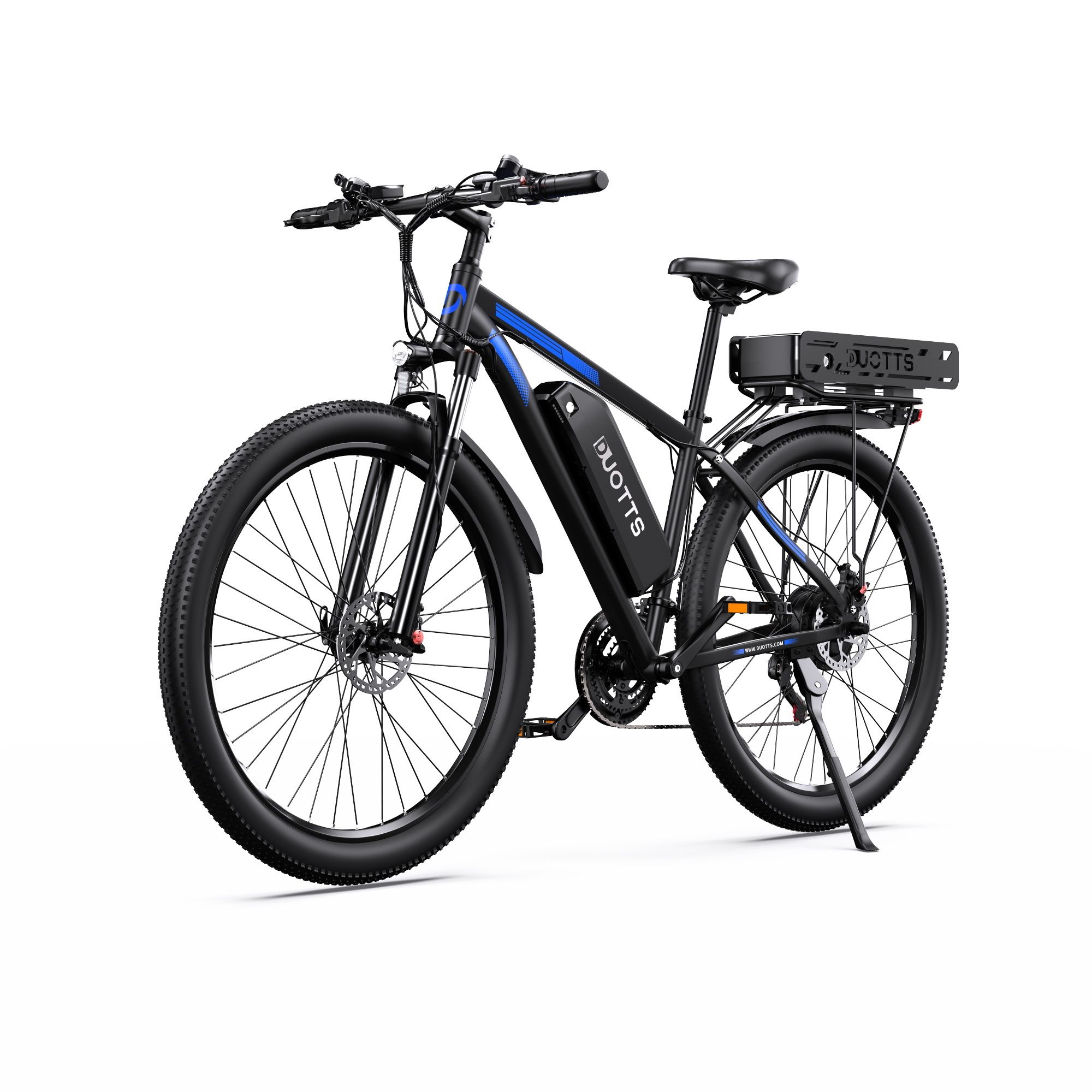 E-bike, zwart met blauwe accenten. DUOTTS-logo, dubbele batterij, Shimano 21 versnellingen. Zijaanzicht, witte achtergrond.