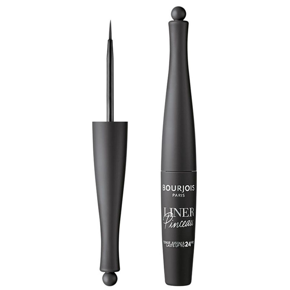 Eyeliner noir Bourjois. Flacon et pinceau. Inscription: Liner Pinceau Waterproof 24h.